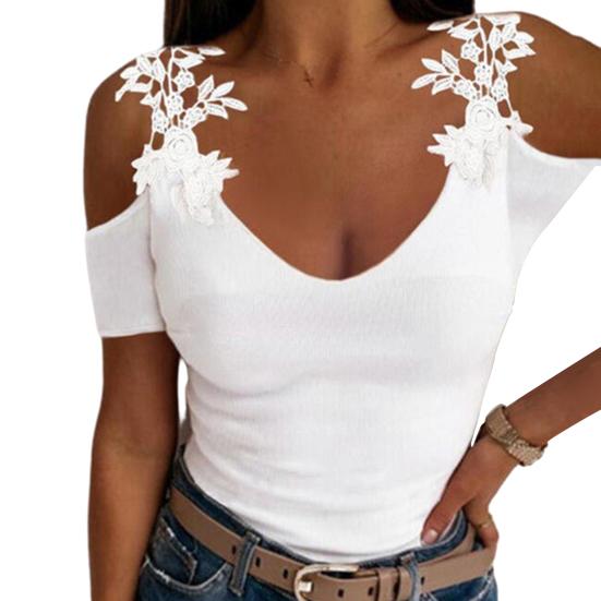 Top estivo da donna scollato con spalle scoperte maniche corte in pizzo decorazione floreale tinta unita scollo a U slim fit morbida maglietta da donna camicetta da uomo
