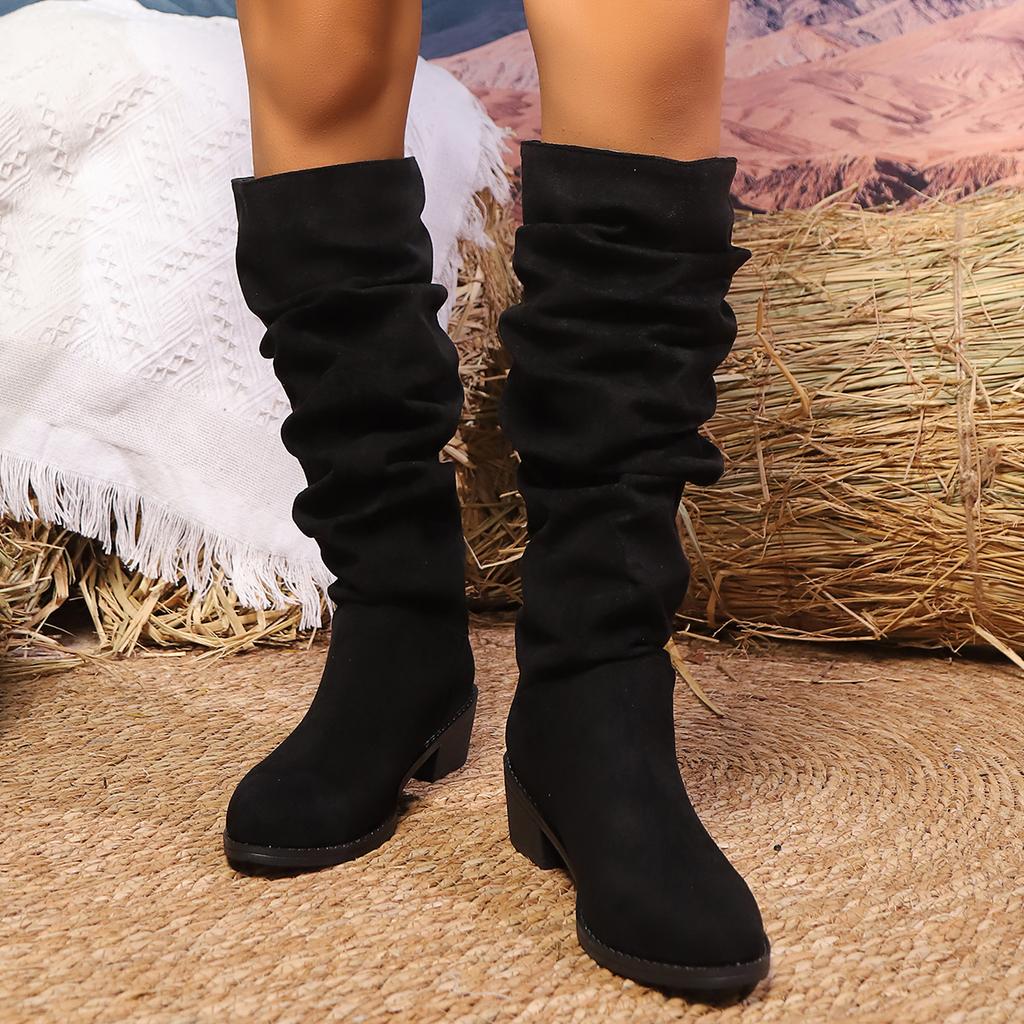 Mode Plissierte Bequeme Stiefel Damen Outdoor Kniehohe Stiefel 2024 Winter Damen Mode Slipper Quadratischer Absatz Stiefel Schuhe für Damen