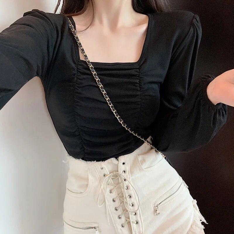 

Женская хлопковая футболка с квадратным вырезом и открытыми ключицами, футболка с длинными рукавами, тонкая рубашка со складками, топ S