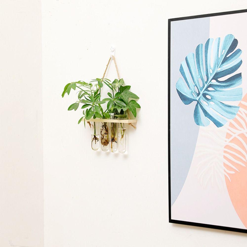 Retro Wood Frame Vase Wall Hanging Transparent Glass Vase Glass Planter Plant Vase  Office