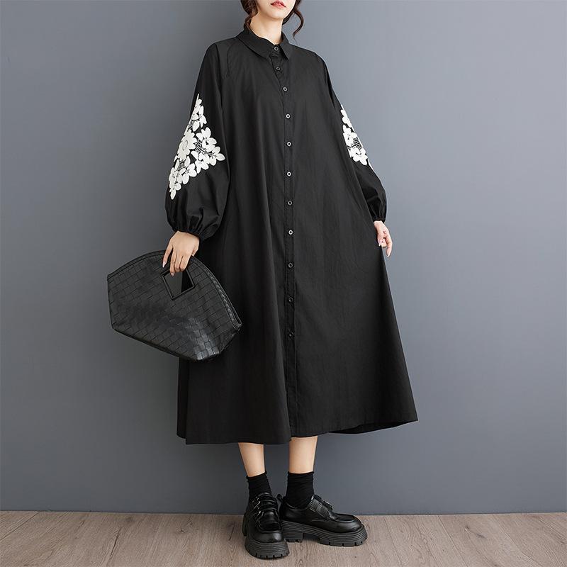 Real Shot Spring Autumn Loose Plus Size Patchwork Long Sleeve Shirt Dress