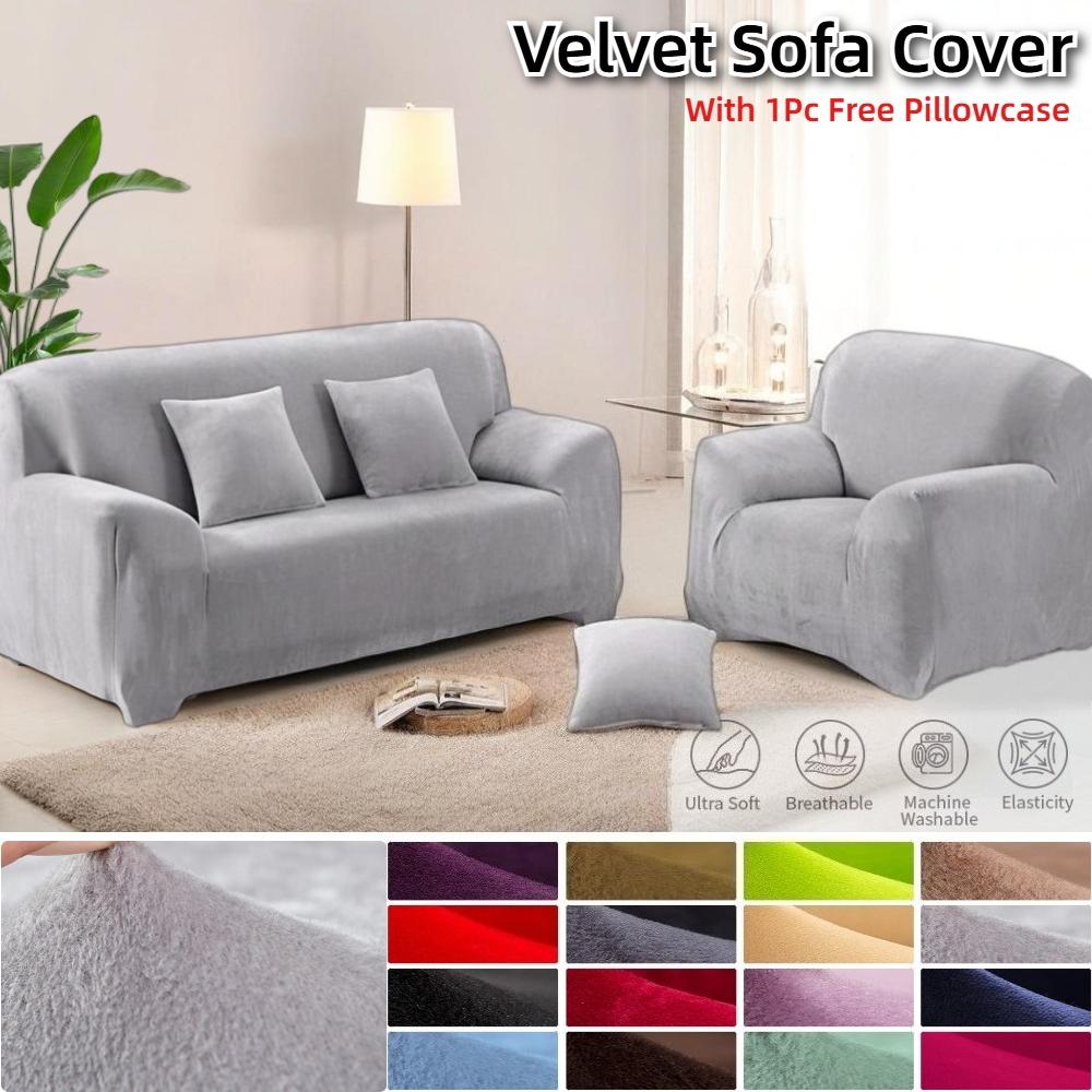 Velvet Couch Cover for 1/2/3/4 Cushion Couch Covers Stretch Sofa Slipcover with Non Skid Foam Elastic Bottom Furniture Protector