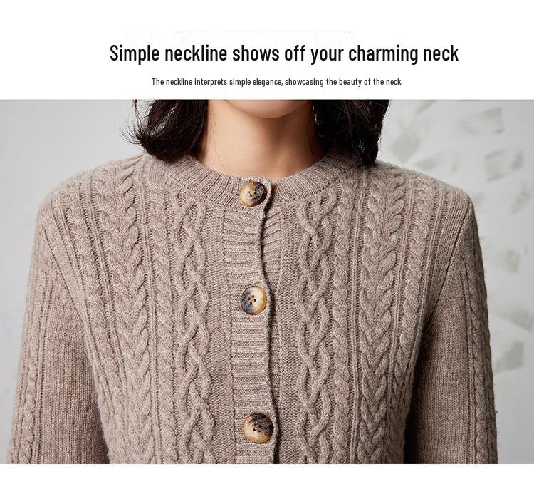 2025 Women's Pure Wool Cable Knit Cardigan - Autumn/Winter Korean Style, Round Neck, Solid Color