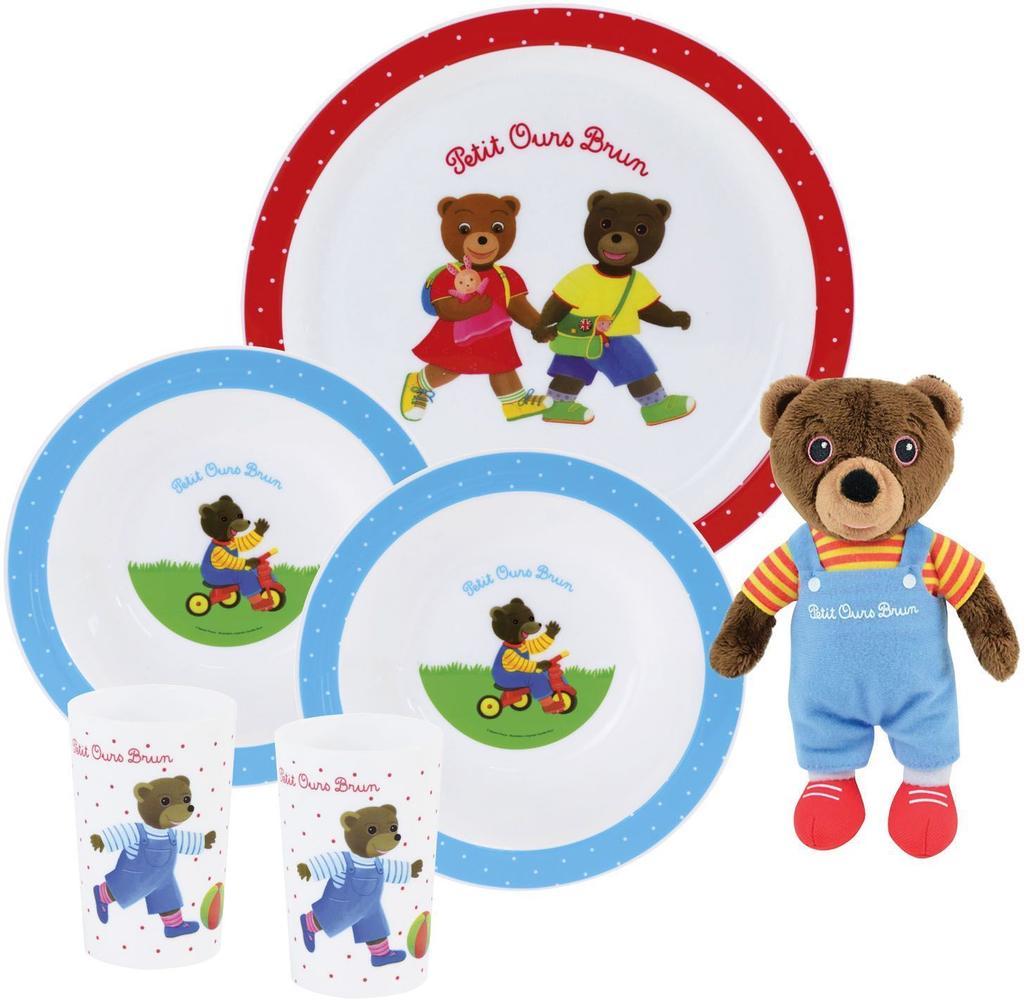 Lot Vaisselle - FUN HOUSE - PETIT OURS BRUN - Assiette Plate Ø 22 Cm, 2 Assiettes Creuses Ø 16 Cm, 2 Verres 220 Ml Et Peluche 18 Cm