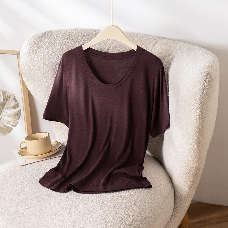2026 Hangzhou Women's Mulberry Silk Lyocell U-Neck Tee - Lightweight, Breathable, Short-Sleeved Summer Fashion