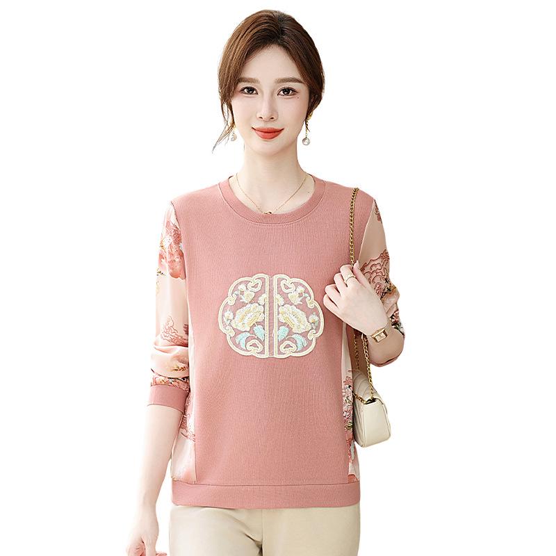 Frühlings-Besticktes Langarm-Freizeit-T-Shirt für Frauen mittleren Alters & ältere Frauen - Chinesischer Stil, Atmungsaktiv & Lockerer Schnitt