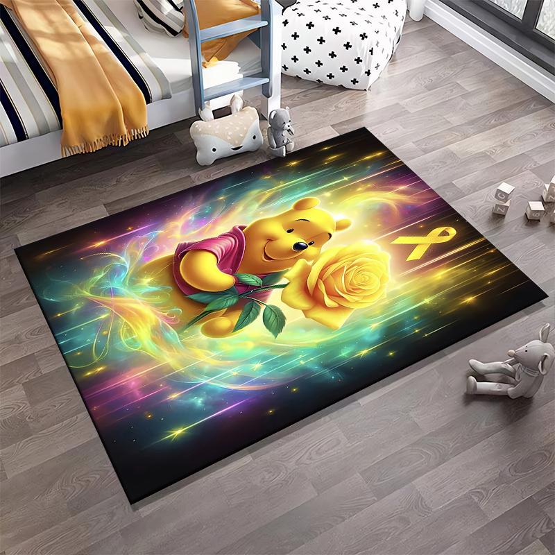 Flannel Rug Winnie the Pooh Holding Glowing Golden Rose with Neon Light Awareness Ribbon Decor