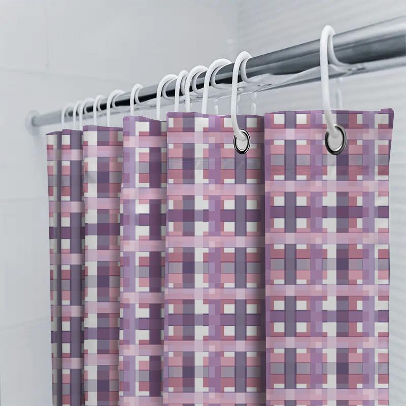 Cortina de Baño Ducha Cuadros Rosas Impermeable Decoración de Baño Protección de Privacidad Estampado Tejido Tipo Lino Decoración del Hogar Personalizable