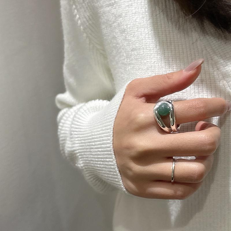 S925 Silver Korean Aventurine and Black Agate Statement Ring