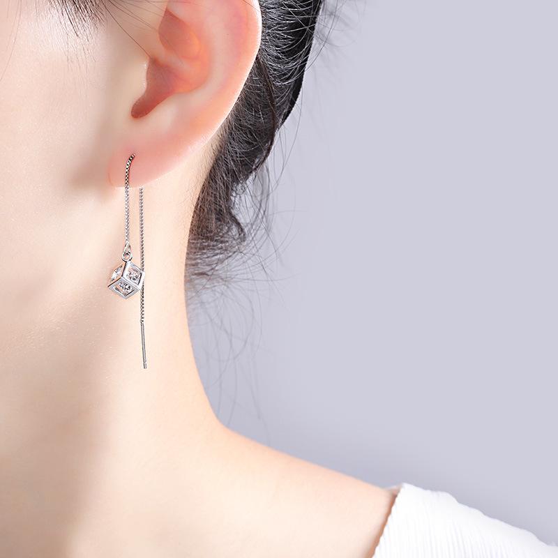 Thin-hole Three-dimensional Magic Cube Ear Cable for Women Niche Design Zircon Tassel Earrings