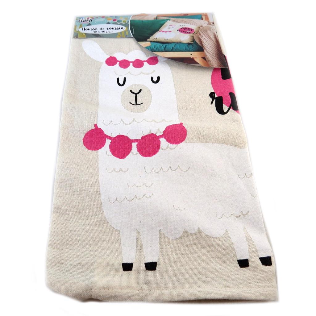 Les Trésors De Lily [Q0687] - Bavlněný povlak na polštář 'Lama Mania' béžový růžový (Lama'rmotte) - 40x40 cm