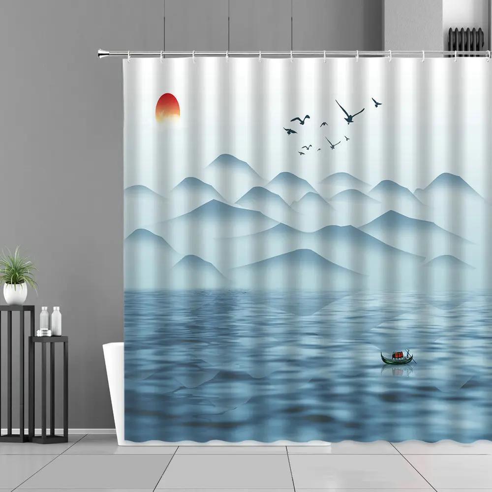 Waterproof Ink Painting Bamboo Leaves Bird Shower Curtains, Mountain Water Plant Landscape, Bathroom Curtain, Home Decor