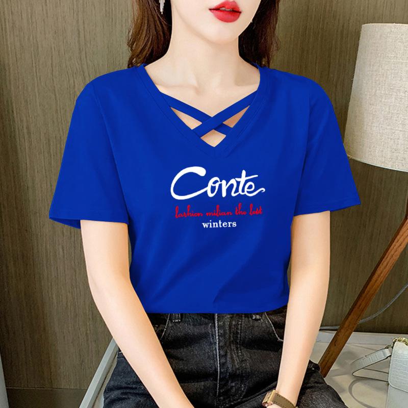 

2024 Summer Women s Korean Style Casual V-Neck Cotton T-Shirt XL [105-120 lbs recommended]