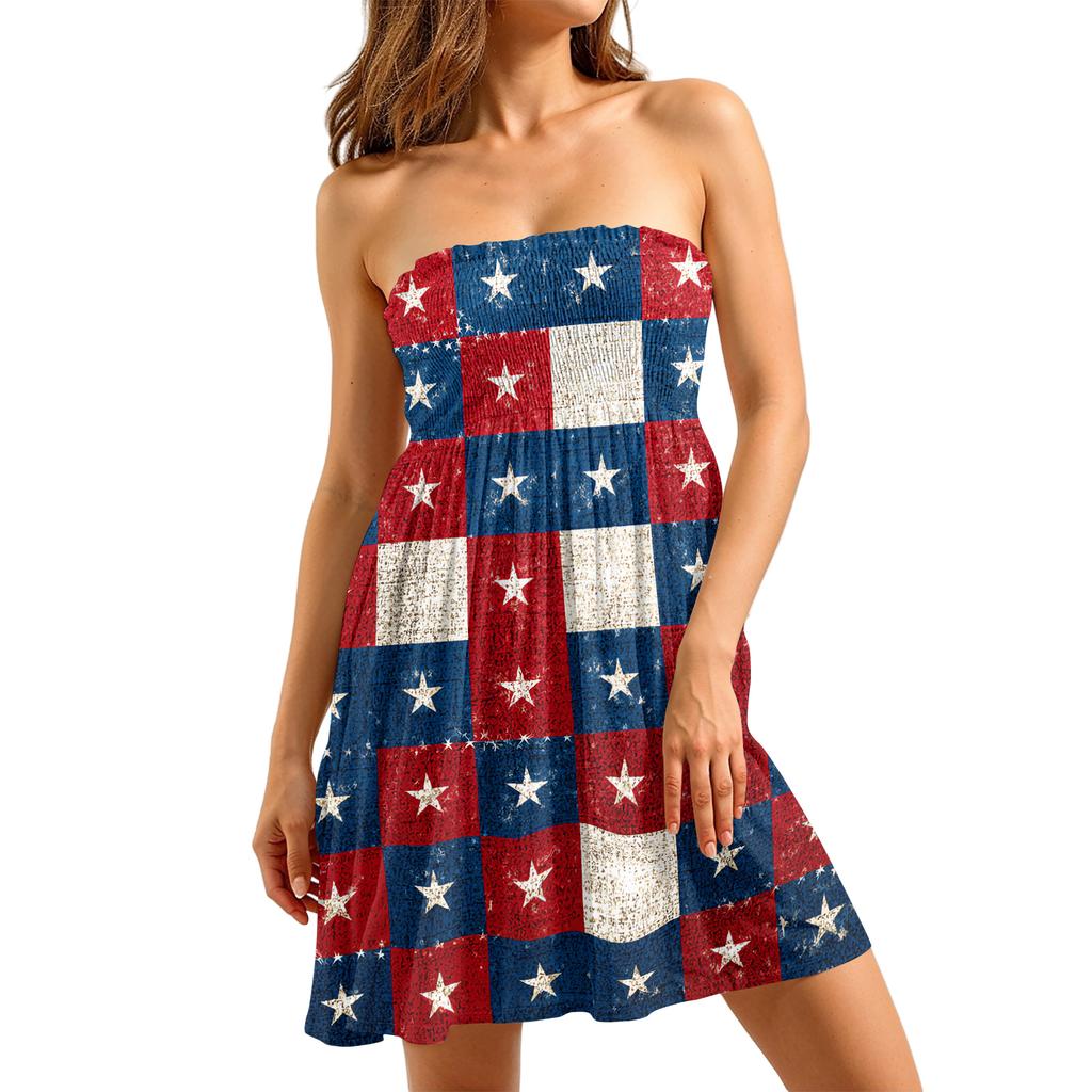 Women’s Strapless Casual Dress Sleeveless Tube Top Sundress with Firework and Star Pattern for Summer Holiday Beach Wear