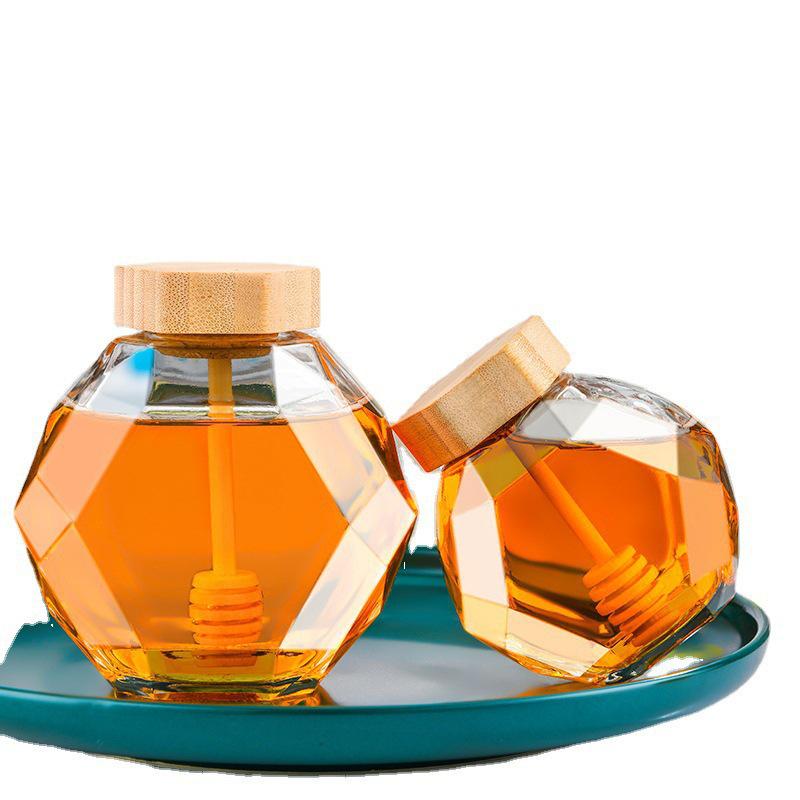 Hexagonal Glass Honey Jar with Wood Lid & Stirrer