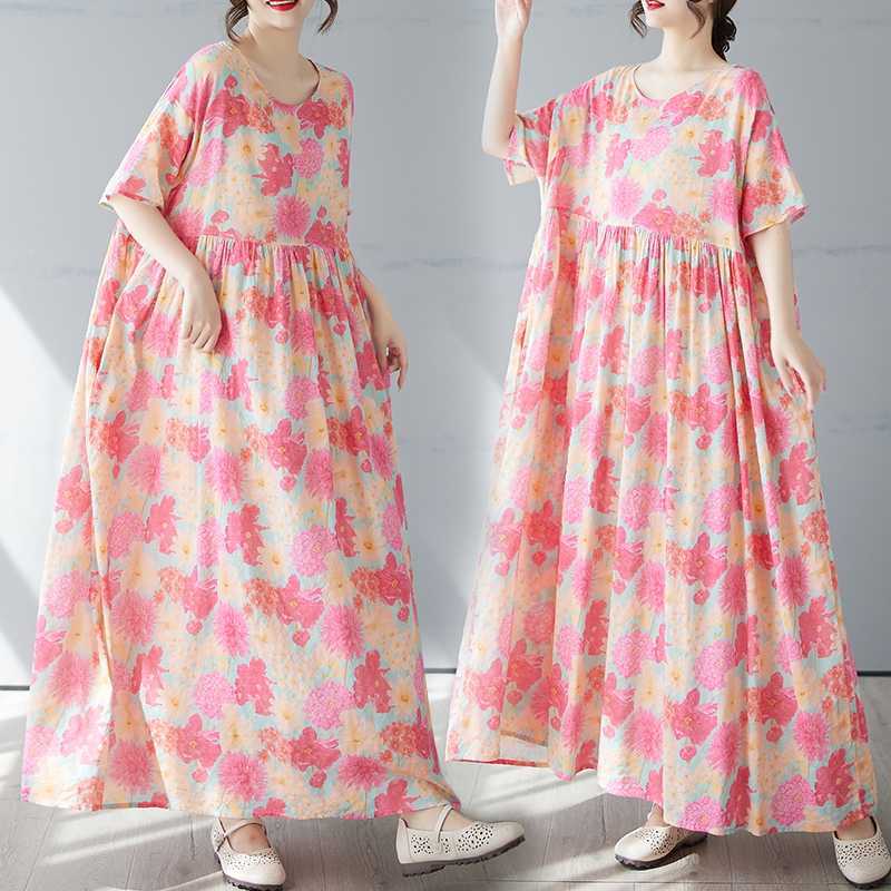 Damen Einfacher und Modischer Langer Rock, Kurzärmeliges Rundhals-Druckkleid