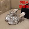 High heels women's new transparent one-word strap crystal heel slippers round head waterproof table outer slippers in summer 2025