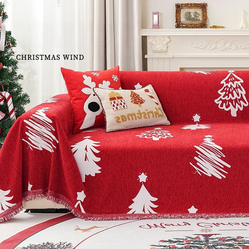 Christmas Sofa Cover Throw Blanket Red Snowflake Santa Chenille Sofa Towel Universal Furniture Protector with Tassels Xmas Home Decor for Living Room