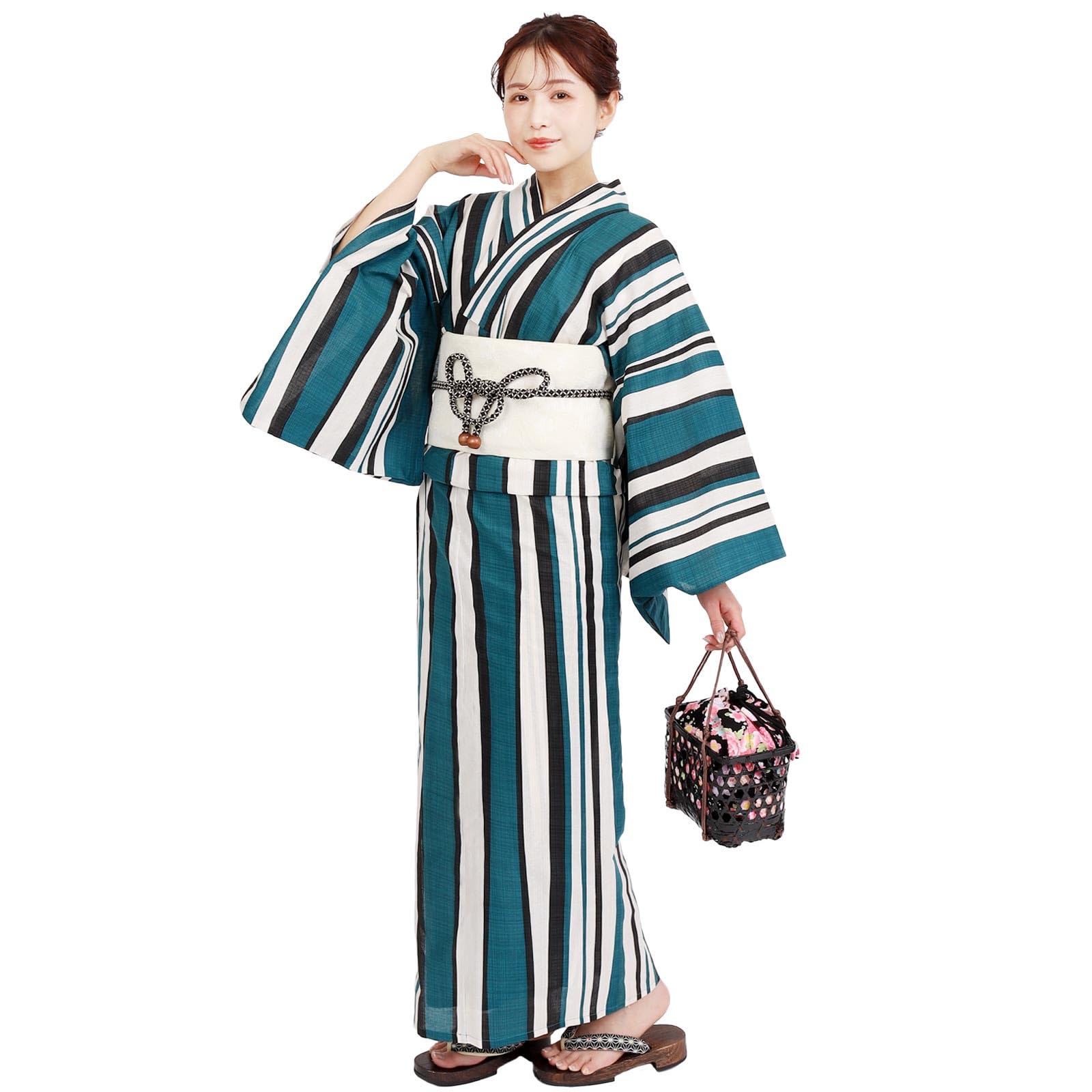 

Free in X14H2505 [Fuuka] Women s Yukata, Two-piece, Separate, One-touch, Pre-tied Obi, 2-piece Set, Size, Striped, Blue-green (Pre-tied Obi/Made