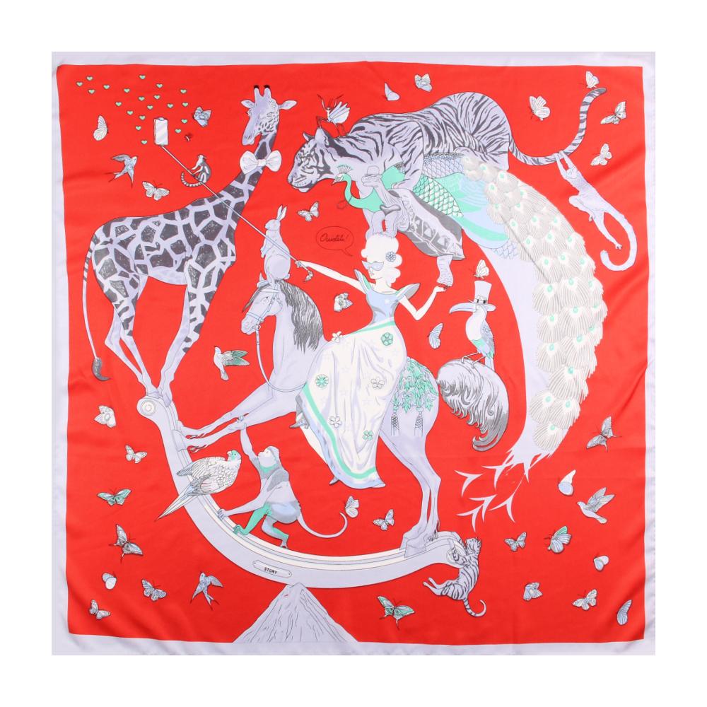 Manual Hand Rolled Twill Silk Scarf Women Animals Print Square Scarves Wraps Echarpes Curled Foulards Femme Bandana Hijab 90CM