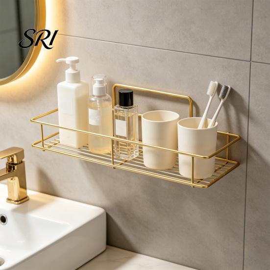 Bathroom Clutter Organizer Adhesive Storage Rack Wall Mounted Large Capacity Stable Load-bearing with Hollow Drainage Anti-Rust for Kitchen