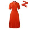 Women Summer Pleated High Waist V Neck Dress