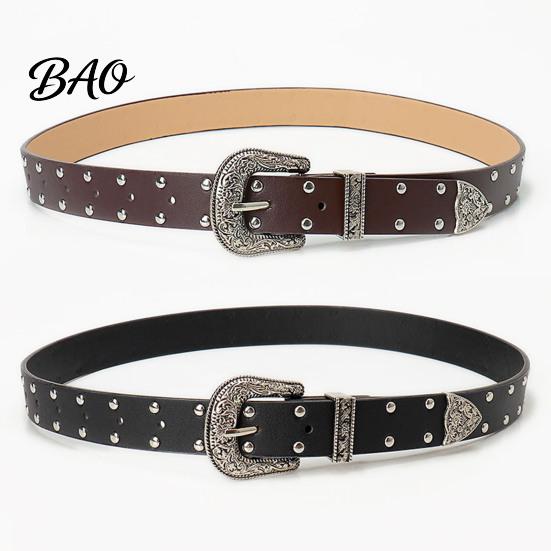 Durable Imitation Leather Belt 105cm Retro Rivet for Women, Adjustable Waist with Double Hot Girl Style Row Grommets & Carved Alloy Buckle, Edgy Jean