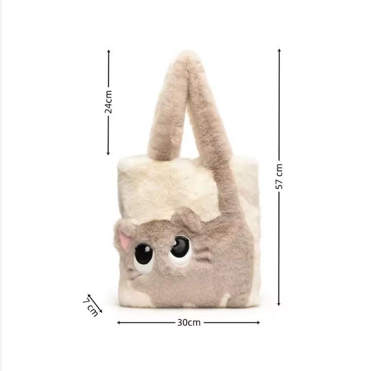 Creative Cartoon Cat Women's Plush Bag Large Capacity Embroidery Tote Bag Simple Fashion Soft Shoulder Bag for Autumn Winter