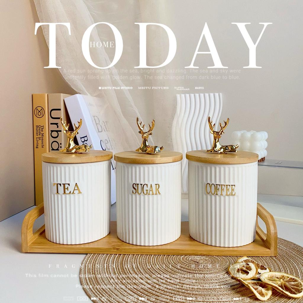 3 Piece Set European White Elk Storage Jar Set Creative Ceramic Candy Jar Home Vertical Pattern Nuts Snacks Herb Storage Bottle