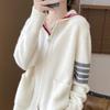 Women's Striped Color Block Hooded Cashmere Cardigan - Autumn/Winter Loose Casual 100% Pure Wool Jacket