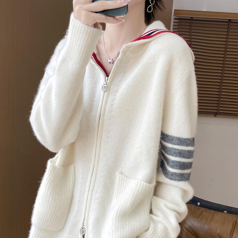 Women's Striped Color Block Hooded Cashmere Cardigan - Autumn/Winter Loose Casual 100% Pure Wool Jacket