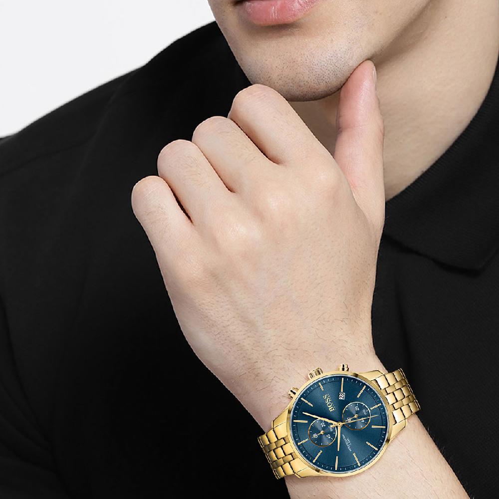 BOSS Orologio da Uomo al Quarzo con Quadrante Blu e Bracciale in Acciaio Inossidabile Dorato 1513841