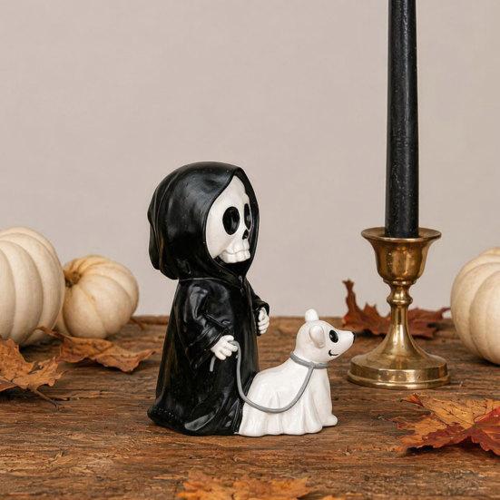 Cute Spooky Halloween Gift Grim Reaper & Ghostly Puppy Resin Figurine, Black Robed Skeleton with Wear-resistant Sculpture Ghost Dog Statue,