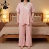 Conjunto de Pijama Casual Feminino Moda Primavera Verão Estampa de Renda Manga Curta Decote V