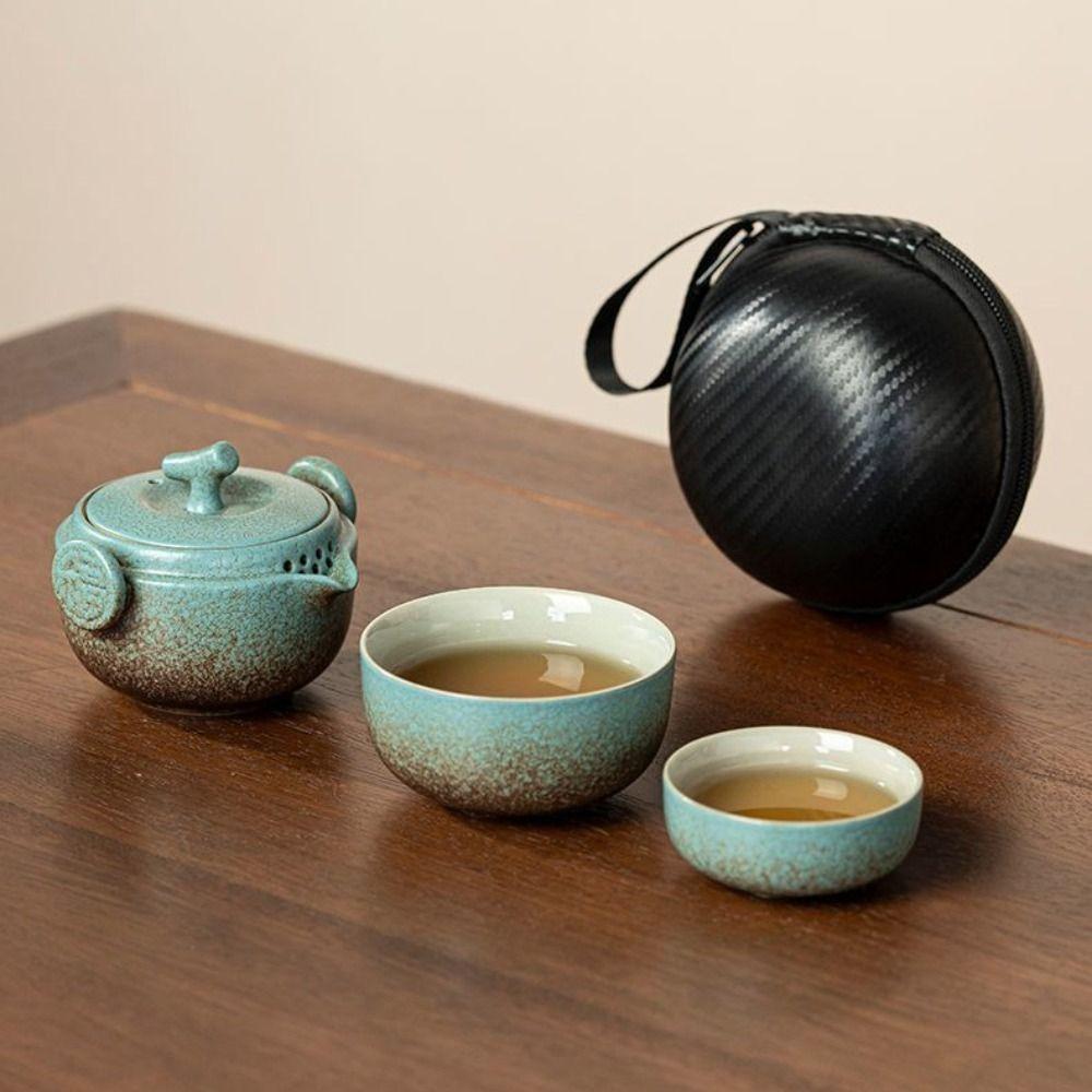 Creative 2 in 1 Tea Ceremony Teapot Set with Storage Bag Mini Travel Teapot Ceramic Quick Cup Living Room