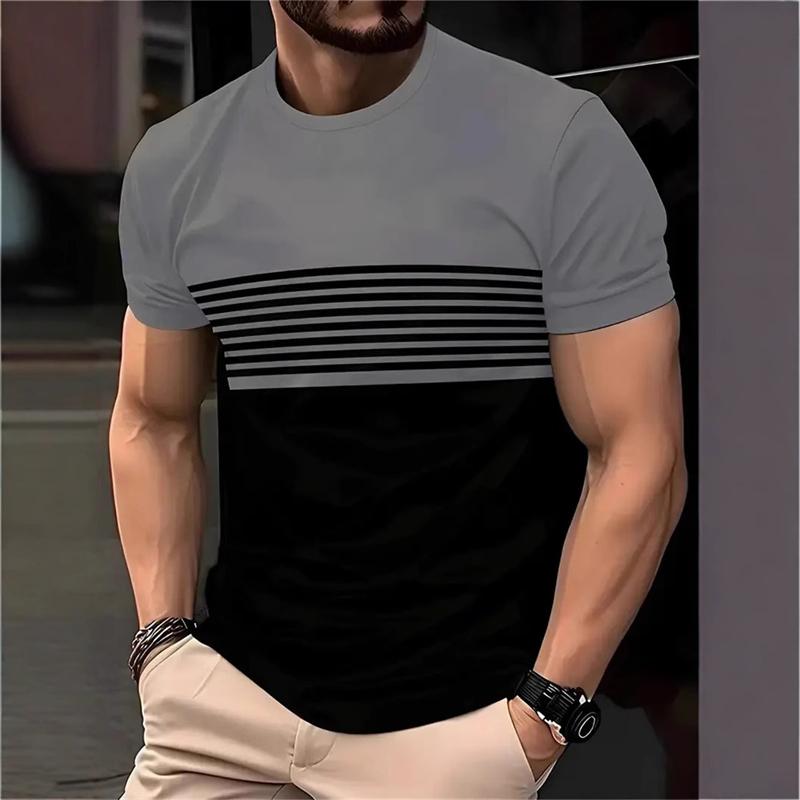 Simple striped contrasting color men's T-shirt fashionable summer short sleeved 3D printed T-shirt loose street wear Harajuku T-shirt