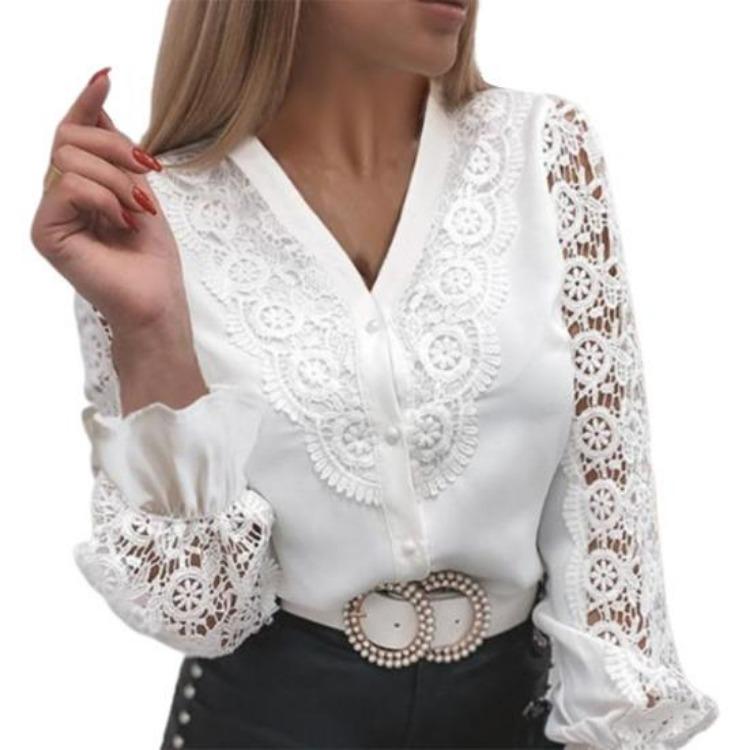 Women Shirt Blouse Lace Patchwork Solid Color Buttons Fashion Daily Wear Popular