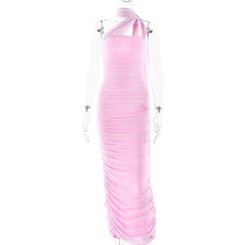 

European and American New Word Collar Tight Dress Sexy Backless Formal Dress Long dress Sexy Backless Dress Pink M