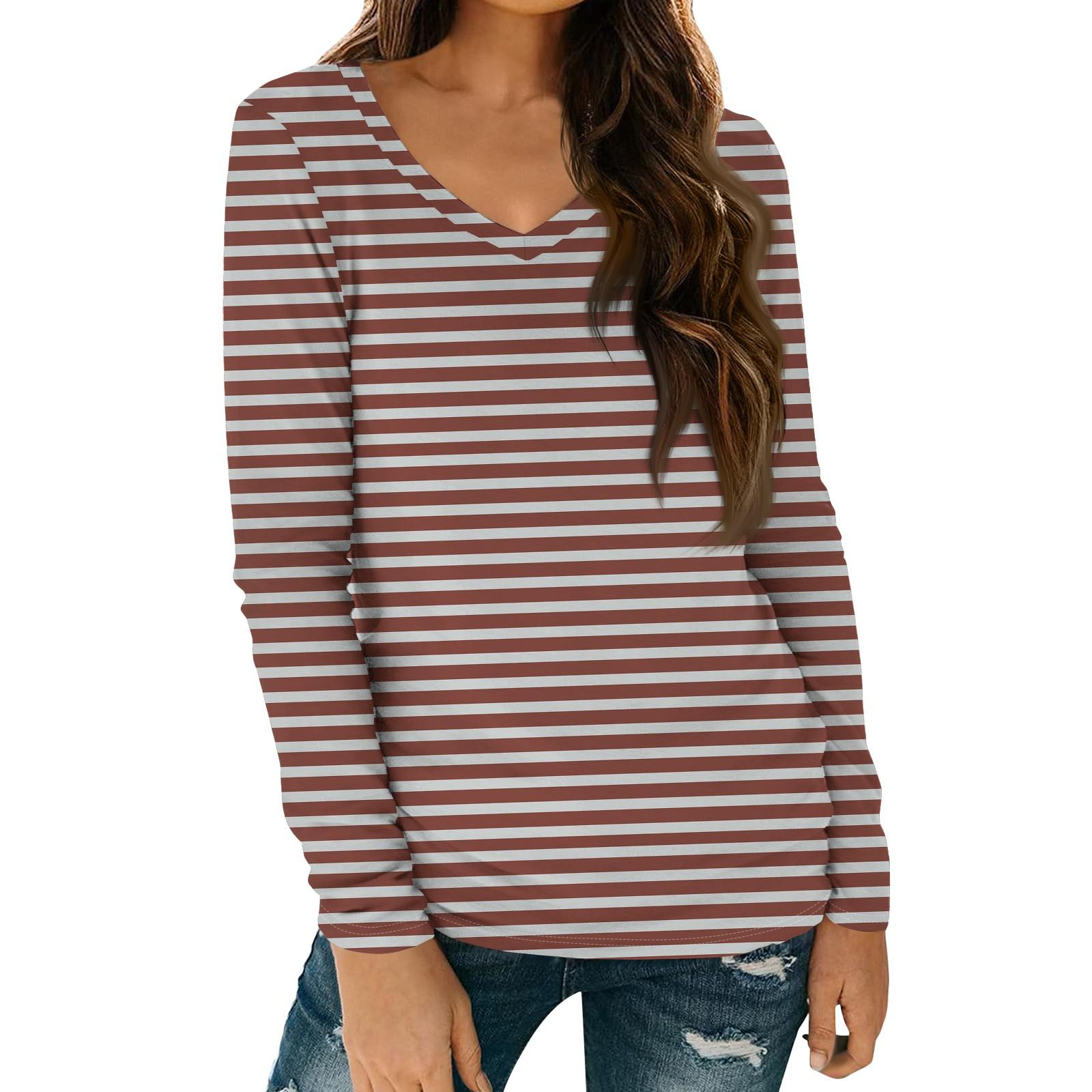 

Женская полосатая рубашка с длинным рукавом и V-образным вырезом, базовая футболка, повседневный топ M красный