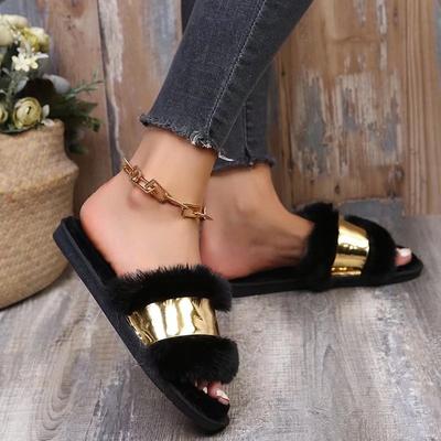 Damenmode Hausschuhe Neue Mode Metall Flache Baumwollhausschuhe Rutschfest Warme Schuhe Bequeme Hausschuhe für Zuhause Damen Zapatos De Mujer
