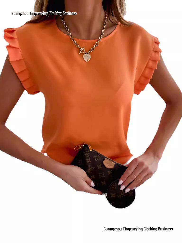 Women's Short Sleeve Round Neck Pleated Top