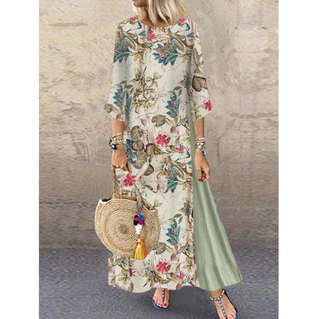 Autumn and Winter Retro Floral Round Neck Stitching Dress Long Sleeve Large Swing Dress Women