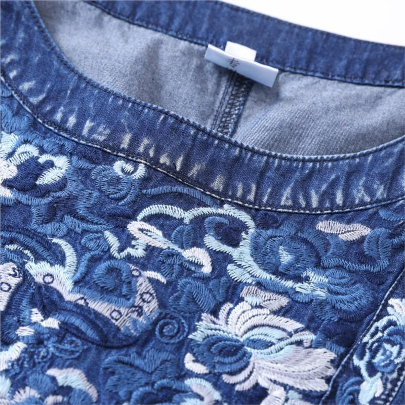 Johnature Woman Spring O-Neck Short Sleeves Cowboy Personality Dress Niche Embroidery Loose Retro Dress