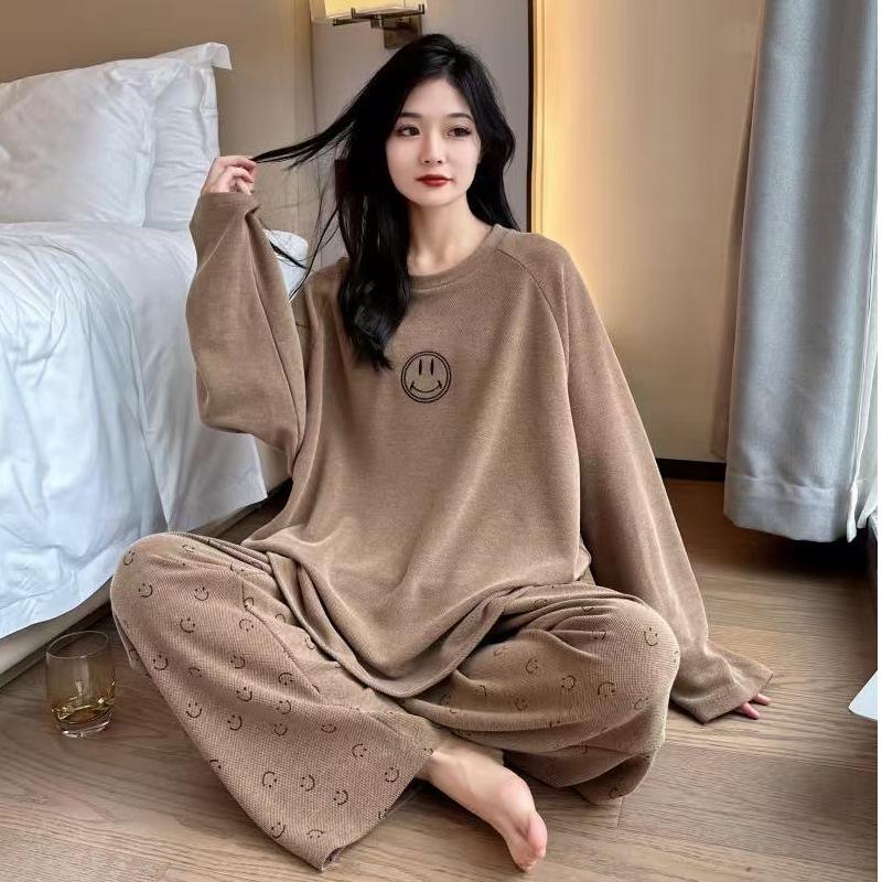 Women's Smile Face Cartoon Pajama Set - Long Sleeve Spring/Autumn Sleepwear
