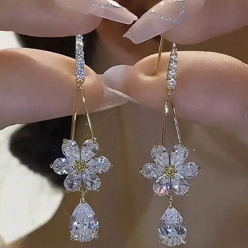 1pair Crystal Water Drop & Zirconia Flower Earrings Stylish Women's Decorative Earrings For Everyday Parties, Proms, Dinners, Commutes, Colleges