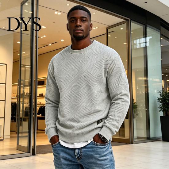 Mens Casual Crewneck Sweatshirt Men Sweatshirt, Soild Color Geometric Texture Ribbed Cuff Hem Loose Fit Pullover Shirt for Office Street Daily