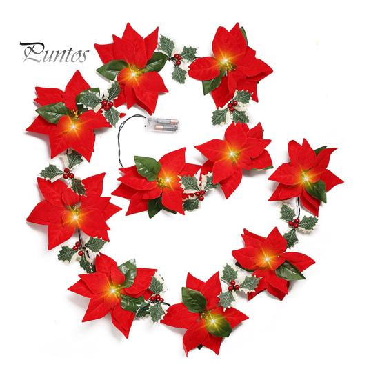 2M 10LED Christmas Garland Light Decoration Light Up Garland Artificial Poinsettia Flower Holiday Xmas Tree Wall Stair Hanging Wreath Ornament