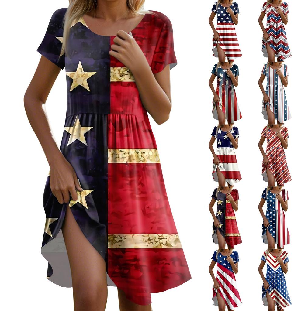 Women's Casual Fashion Round Neck Short Sleeve Independence Day Printed Midi Dress