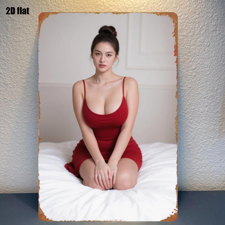 High Definition Tin Painting Woman In Red Bodycon Dress Kneeling On White Bed Vintage Metal Sign Wall Art Decor