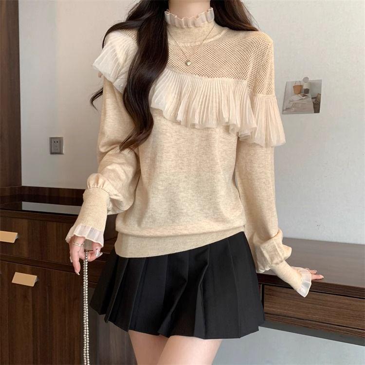 

Women s Plus Size Ruffle Sweater Half High Neck Knit Top - Autumn & Winter Fashion Base Shirt XL (115-125 Jin)